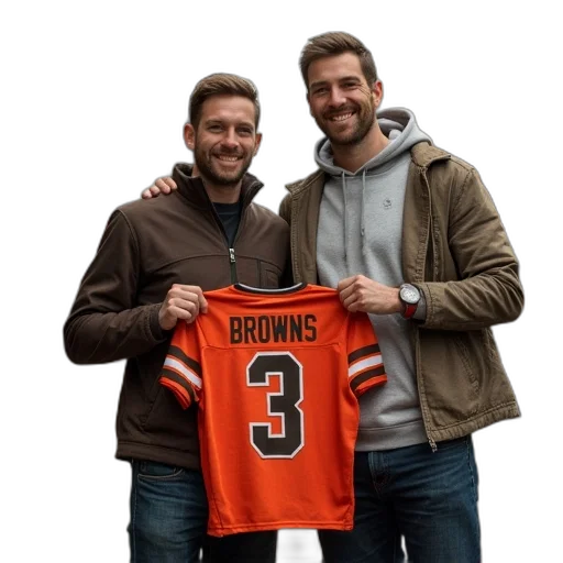 jacket, man, holding, browns, jersey, another, person, standing transparent PNG cut-out