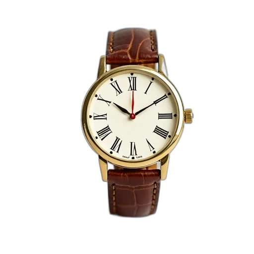 jewelry, gold, wristwatch, brown, leather, strap, displayed, against transparent PNG cut-out