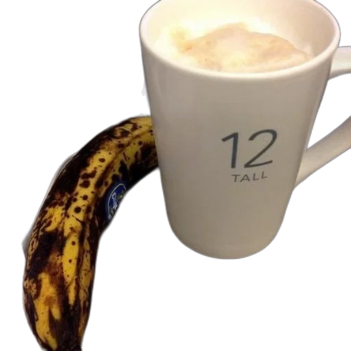 food, photorealistic, banana, sits, next, coffee, mug, says transparent PNG cut-out
