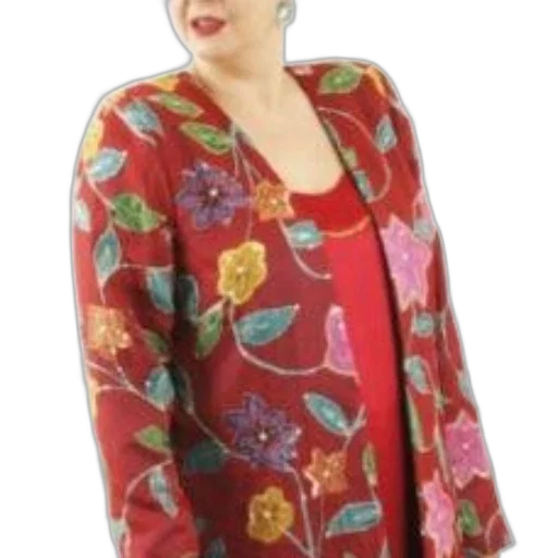 jacket, dress, woman, wearing, vibrant, red, colorful, floral transparent PNG cut-out