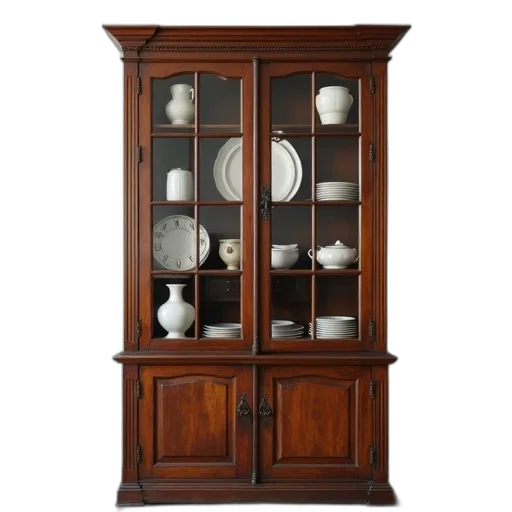 furniture, wooden, cabinet, glass, doors, displaying, various, antique transparent PNG cut-out