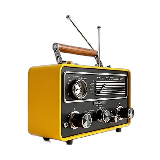 3d render, retro-style, yellow, black, portable, radio, wooden, handle transparent PNG cut-out