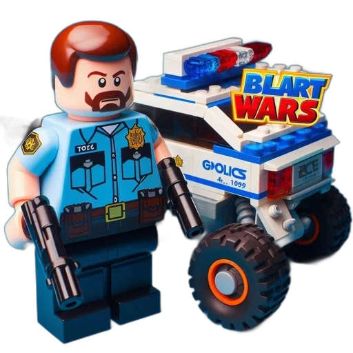 weapon, concept art, lego, minifigure, police, officer, stands, beside transparent PNG cut-out