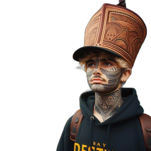 hat, jacket, face, staff, 3d render, concept art, photorealistic, fantasy art transparent PNG cut-out