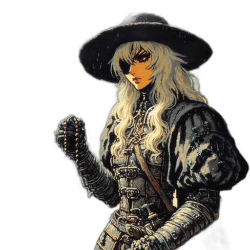 jacket, hat, weapon, staff, fantasy art, concept art, comic book art, pixel art transparent PNG cut-out