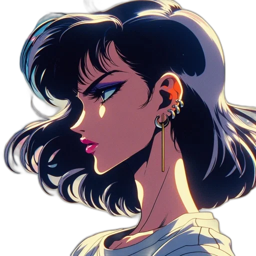 jewelry, face, hair, vaporwave, anime, cyberpunk, cartoon, neon lights transparent PNG cut-out