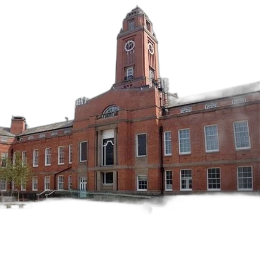building, red-brick, clock, tower, stands, prominently, against, clear transparent PNG cut-out