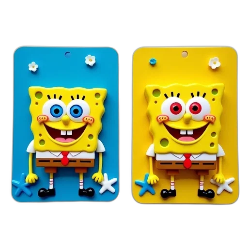 3d render, photorealistic, two, spongebob, squarepants, character, cards, displayed transparent PNG cut-out