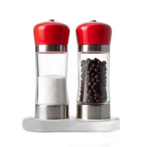 food, 3d render, pair, salt, pepper, shakers, red, silver transparent PNG cut-out