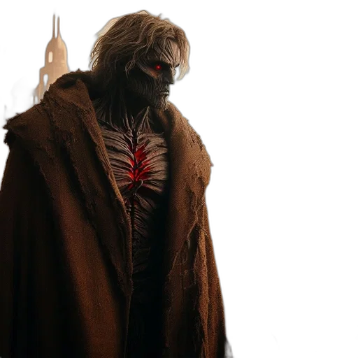 jacket, mask, creature, concept art, 3d render, shadowy, figure, fiery transparent PNG cut-out