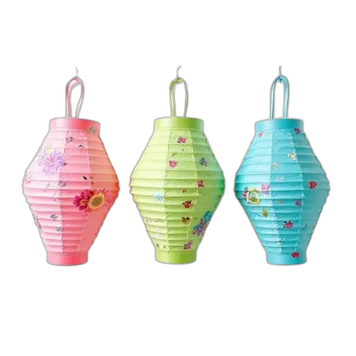 3d render, set, three, paper, lanterns, floral, patterns, pink transparent PNG cut-out