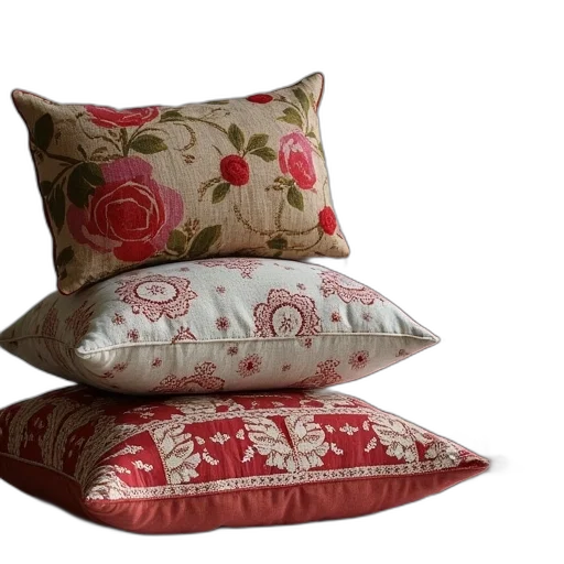 furniture, photorealistic, 3d render, red, patchwork, cushions, small transparent PNG cut-out