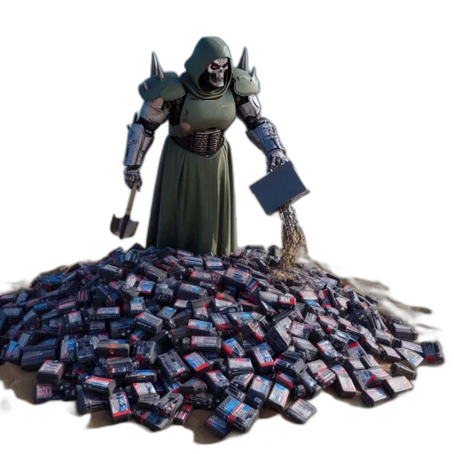 weapon, bottle, robot, concept art, sandy, beach, green-cloaked, skull-faced transparent PNG cut-out
