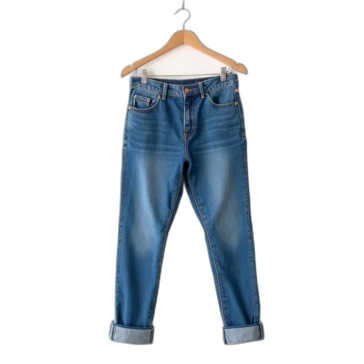 jacket, pair, blue, jeans, hanging, wooden, hanger, against transparent PNG cut-out