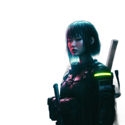 robot, weapon, staff, jacket, cyberpunk, 3d render, concept art, comic book art transparent PNG cut-out
