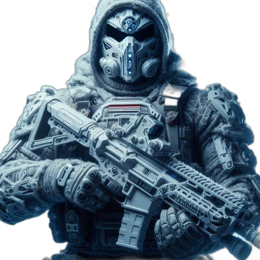 mask, jacket, weapon, robot, concept art, pixel art, comic book art, cyberpunk transparent PNG cut-out