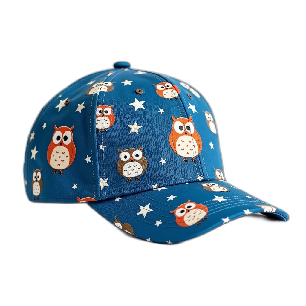 hat, blue, baseball, cap, pattern, owls, stars, displayed transparent PNG cut-out