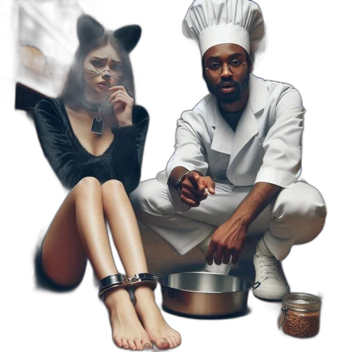 food, concept art, photorealistic, fire, two, individuals, woman, cat transparent PNG cut-out
