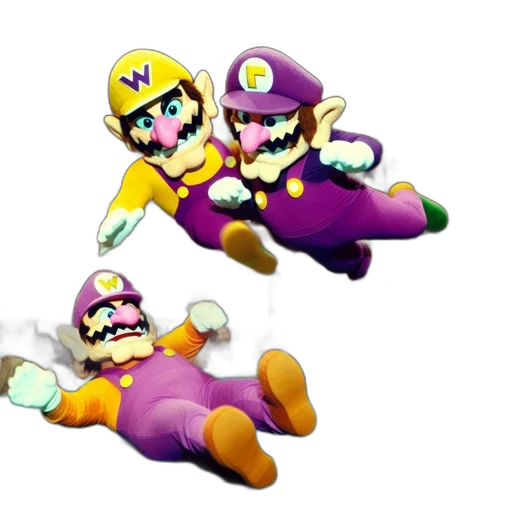 3d render, pixel art, concept art, vaporwave, three, characters, dressed, wario transparent PNG cut-out