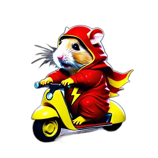concept art, 3d render, hamster, red, superhero, outfit, rides, small transparent PNG cut-out