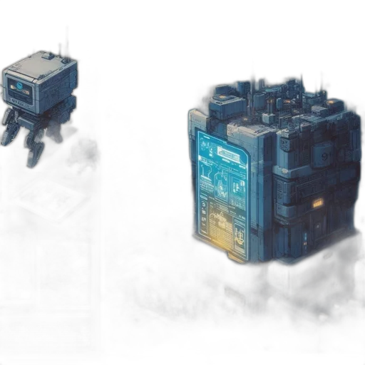 robot, building, concept art, cyberpunk, pixel art, 3d render, fog, outer space transparent PNG cut-out