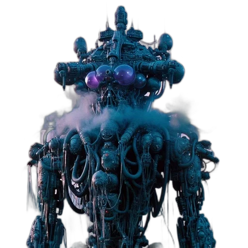 robot, creature, crown, mask, concept art, 3d render, cyberpunk, blue transparent PNG cut-out