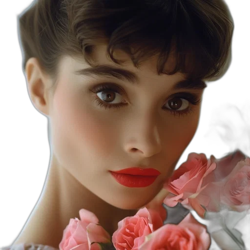 face, flower, jewelry, photorealistic, oil painting, red, woman, dark transparent PNG cut-out