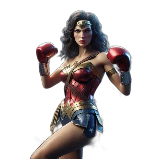 comic book art, concept art, fantasy art, photorealistic, wonder, woman, stands, boxing transparent PNG cut-out