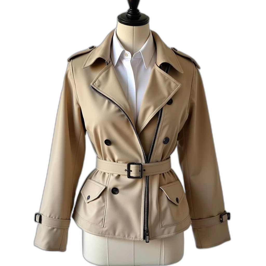 jacket, 3d render, earth tones, beige, zipper, buttons, displayed, mannequin transparent PNG cut-out
