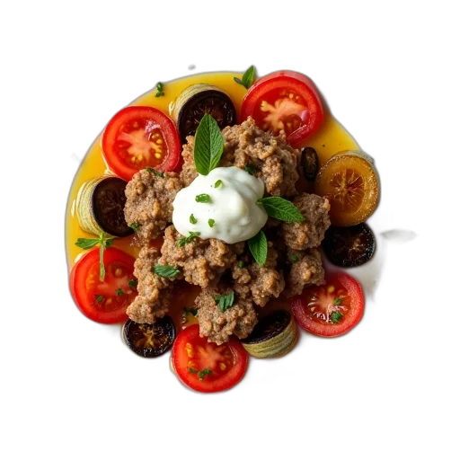 food, plate, variety, ingredients, including, sliced, tomatoes, meat transparent PNG cut-out