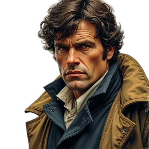 jacket, face, photorealistic, comic book art, concept art, fantasy art, earth tones, cover transparent PNG cut-out