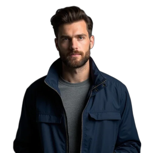 jacket, staff, face, hair, blue, man, wearing, dark transparent PNG cut-out