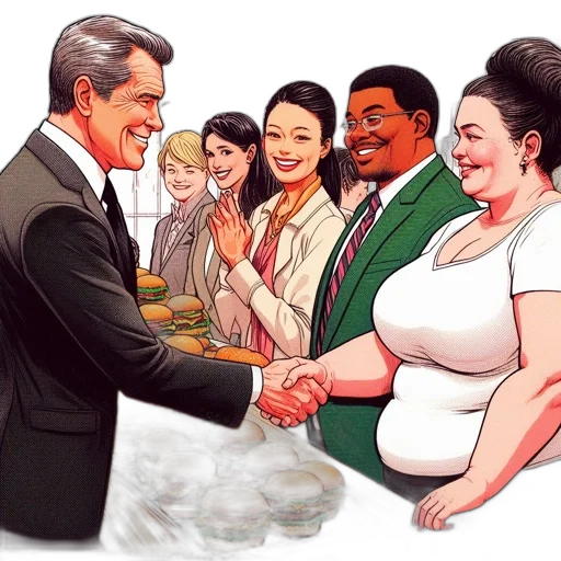 concept art, corporate, setting, suited, man, shakes, hands, female transparent PNG cut-out