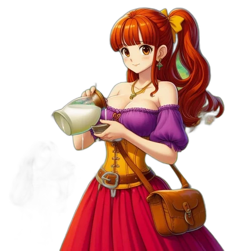 dress, staff, fantasy art, anime, concept art, pixel art, red, colorful transparent PNG cut-out