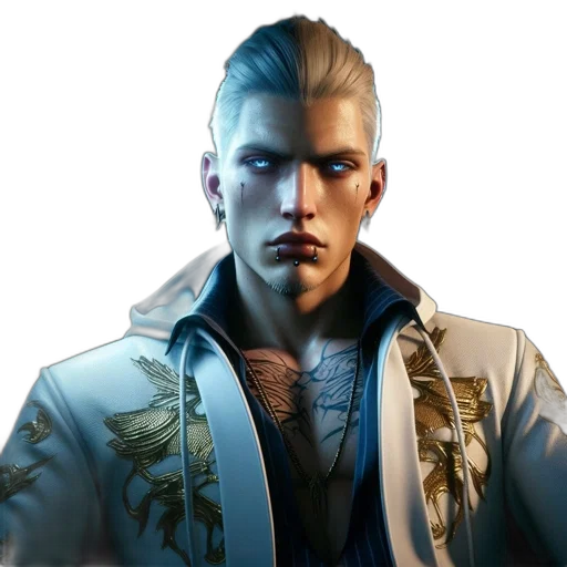 jacket, face, staff, concept art, cyberpunk, photorealistic, fantasy art, blue transparent PNG cut-out