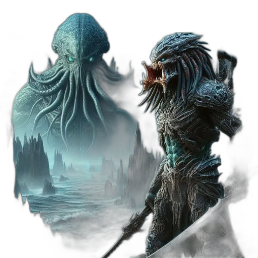 creature, concept art, fantasy art, comic book art, pixel art, fog, underwater, armored transparent PNG cut-out