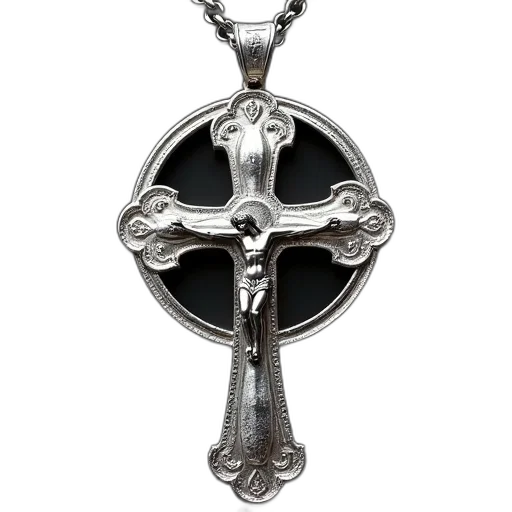 jewelry, sword, staff, silver, crucifix, circular, pendant, chain transparent PNG cut-out