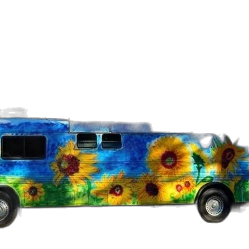 car, concept art, watercolor, 3d render, photorealistic, vibrant, sunflower-decorated, bus transparent PNG cut-out