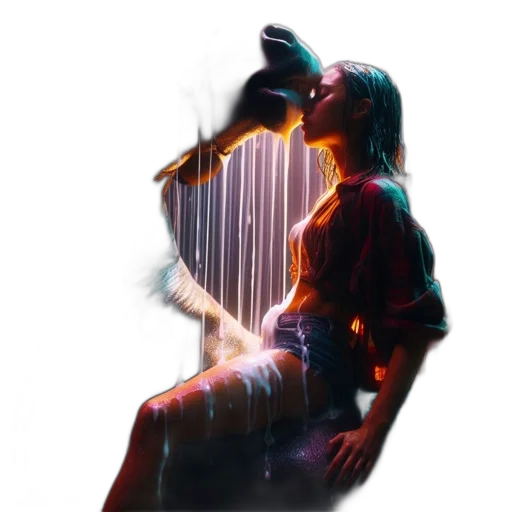 bottle, umbrella, hair, jacket, concept art, cyberpunk, vaporwave, photorealistic transparent PNG cut-out