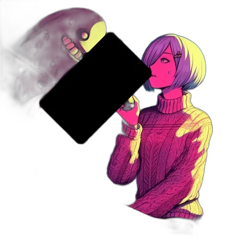 jacket, staff, robot, face, concept art, watercolor, vaporwave, comic book art transparent PNG cut-out