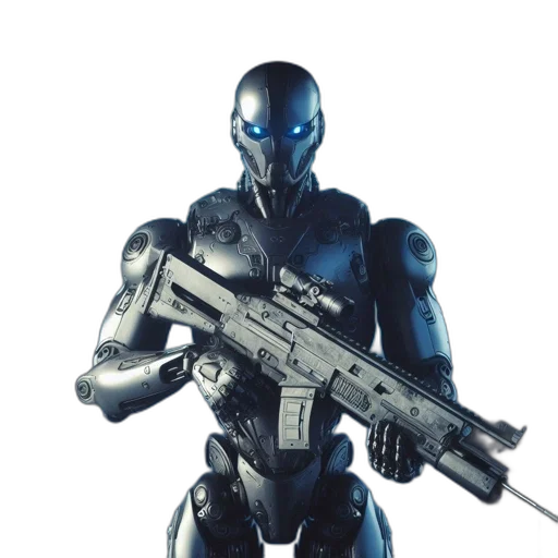 robot, weapon, concept art, 3d render, cyberpunk, comic book art, blue, dimly transparent PNG cut-out