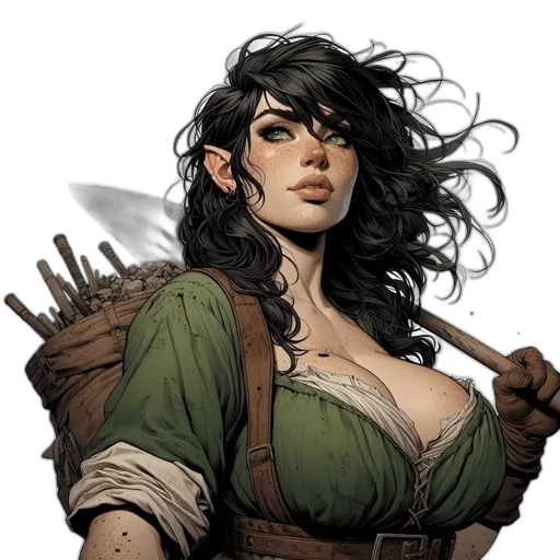 comic book art, fantasy art, concept art, cartoon, earth tones, green, female, character transparent PNG cut-out