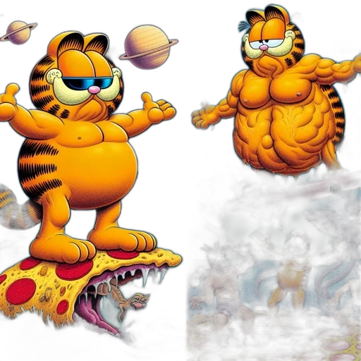 concept art, comic book art, 3d render, pixel art, garfield, stands, atop, pizza transparent PNG cut-out