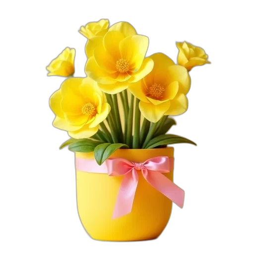 flower, crown, photorealistic, 3d render, yellow, pot, pink, ribbon transparent PNG cut-out