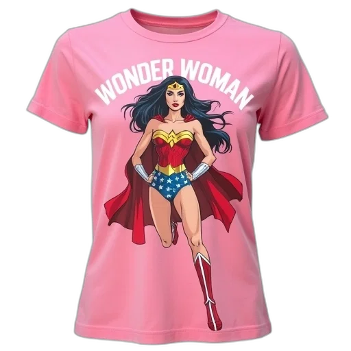 comic book art, pink, t-shirt, graphic, wonder, woman, front, features transparent PNG cut-out