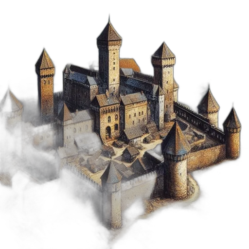 building, fantasy art, concept art, pixel art, 3d render, fog, fire, majestic transparent PNG cut-out