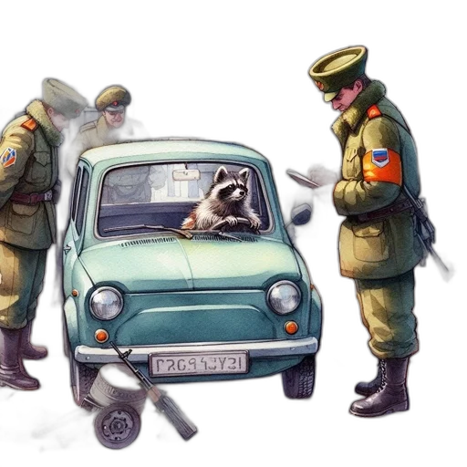 car, concept art, photorealistic, watercolor, painting, shows, soldiers, green transparent PNG cut-out