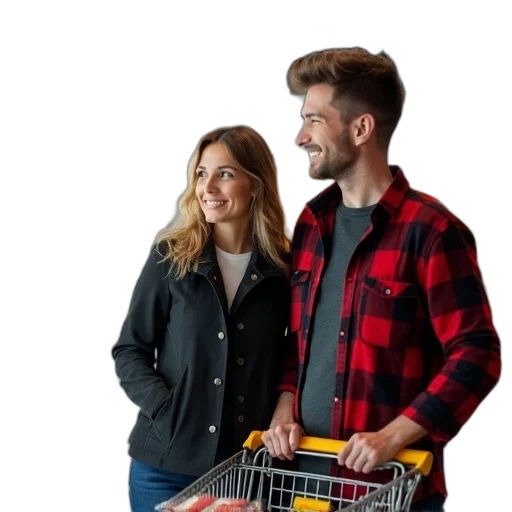 jacket, furniture, man, woman, standing, grocery, store, looking transparent PNG cut-out