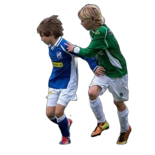 two, young, boys, play, soccer, one, blue, uniform transparent PNG cut-out