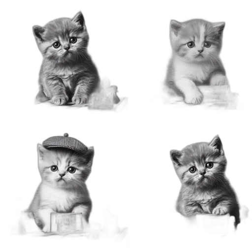pencil sketch, photorealistic, concept art, oil painting, monochrome, four, kittens, sit transparent PNG cut-out